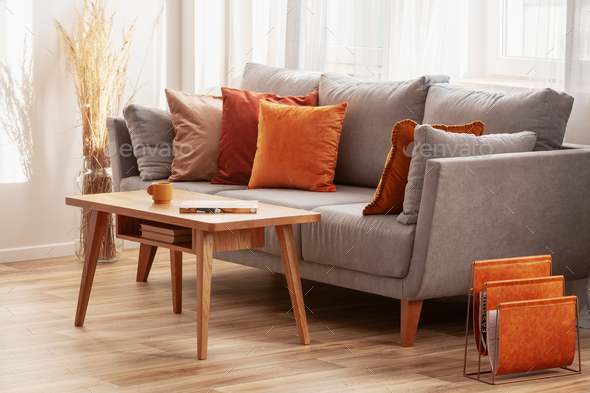 Gray sofa with outlet red pillows